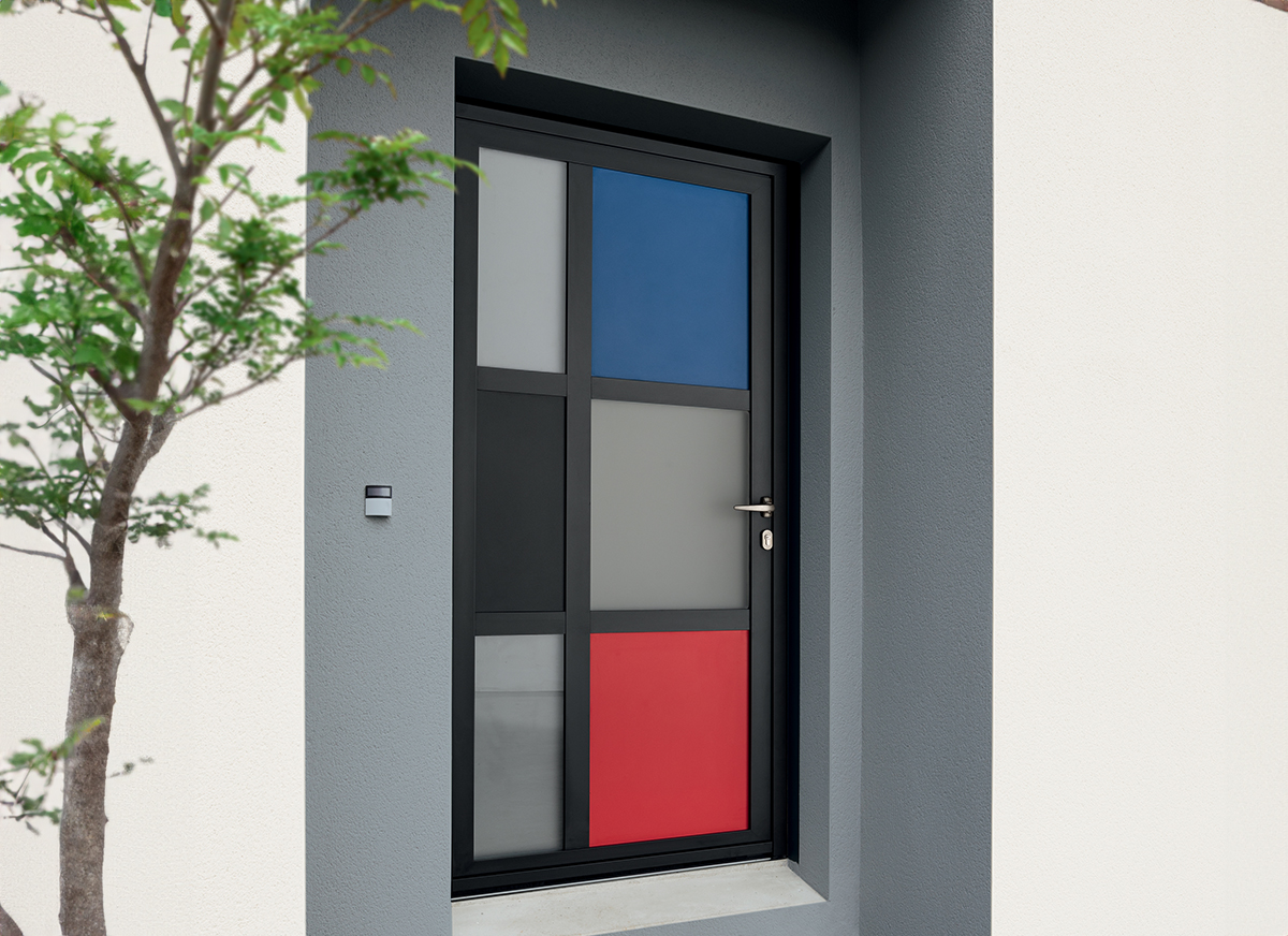 Porte d'entrée aluminium à panneaux contemporaine
